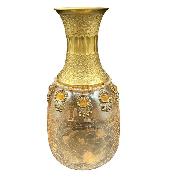 Vintage Handcrafted Brass Floral Etched Neck Ornate Amber Crackle Glass Vase - Picture 7 of 13